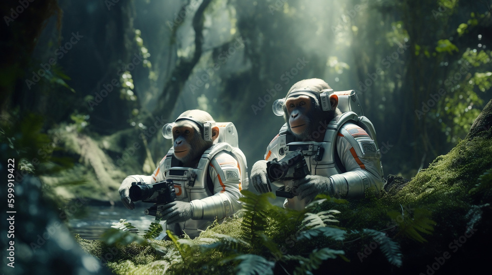 Astronaut Monkeys Exploring Tropical Wild Forests - Fantasy Art