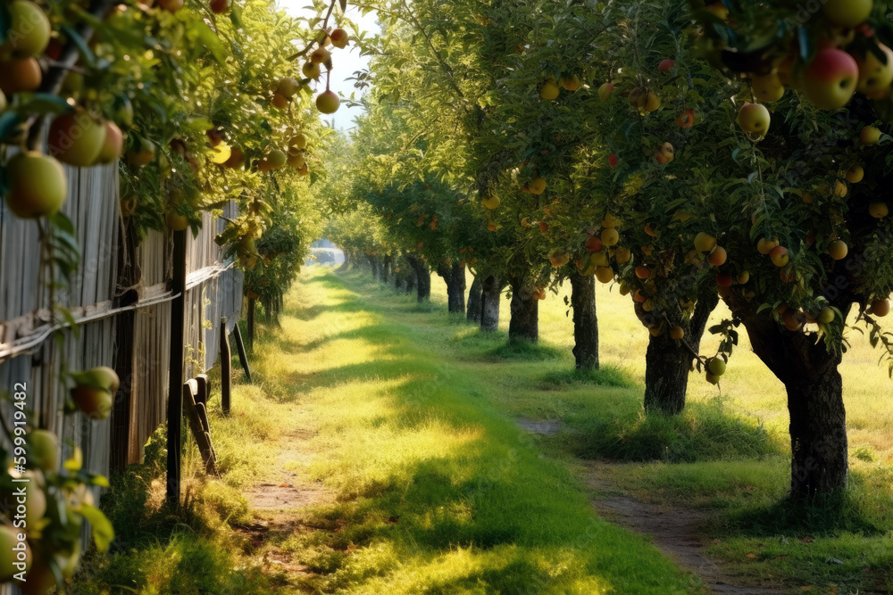 Naklejka premium organic, pesticide free apple trees in an orchard, bearing fruit, Generative AI