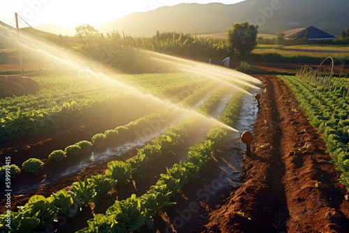 irrigation system watering a vegetable patch, Generative AI