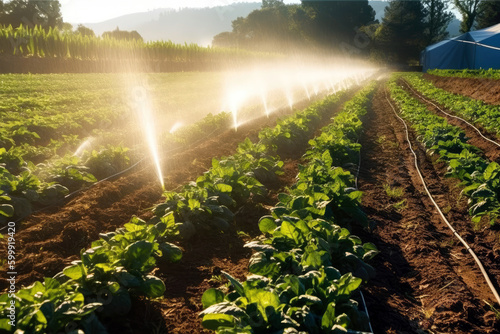 irrigation system watering a vegetable patch, Generative AI