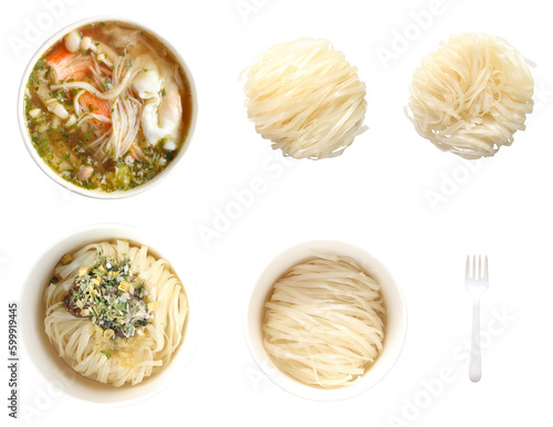 Set of raw noodles and instant noodles in a cup isolated on white background
