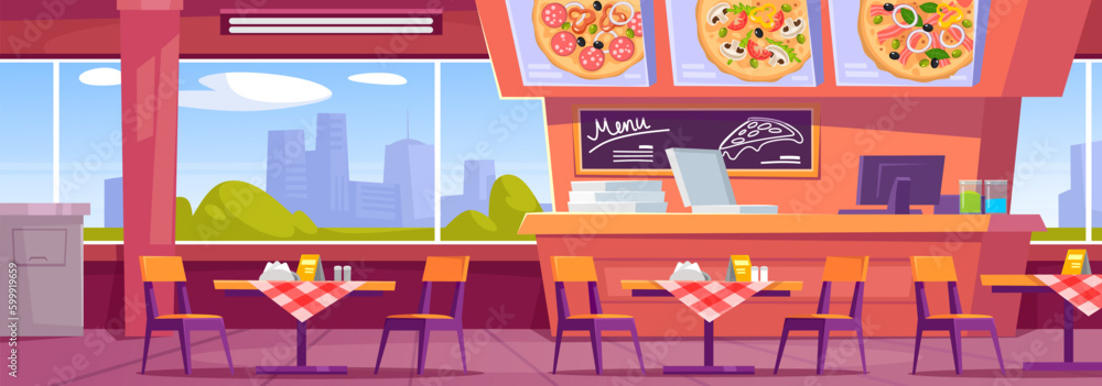 Vector illustration of a modern pizzeria interior design. Cartoon style