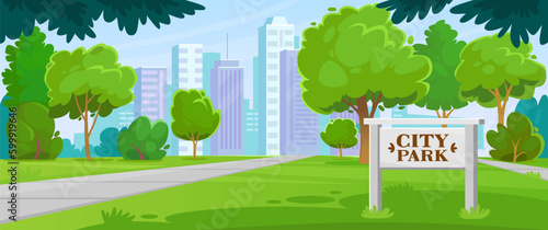City park with entrance sign in landscape view. Public garden in beautiful summer weather with green grass, trees, buildings on the horizon and no people. Cartoon style vector background. photo