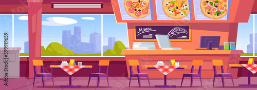 Vector illustration of a modern pizzeria interior design. Cartoon style restaurant or fast food kitchen background with a counter, oven, furniture, empty tables and Italian pizza on the menu.