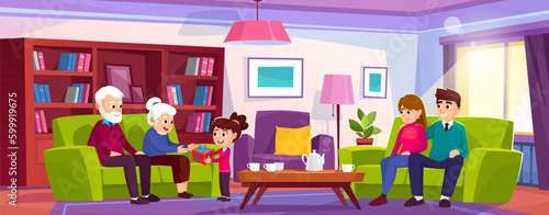 Young family visiting grandparents at home on holiday. Parents sitting together on a sofa in a cozy living room. Little girl giving a present to her grandmother. Cartoon style vector illustration.