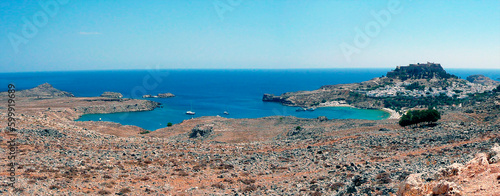 Lindos beach and acropolis in Rhodes island, Greece