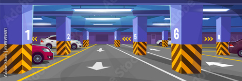 Vector illustration of an underground parking lot inside a building or a mall. The interior design of a garage with multiple parking spots with markings, signs, columns and cars in cartoon style. © Microstocker.Pro