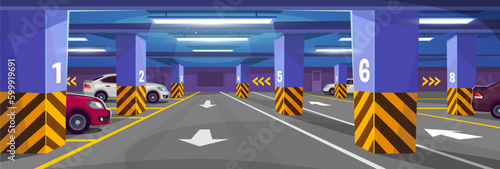 Vector illustration of an underground parking lot inside a building or a mall. The interior design of a garage with multiple parking spots with markings, signs, columns and cars in cartoon style.