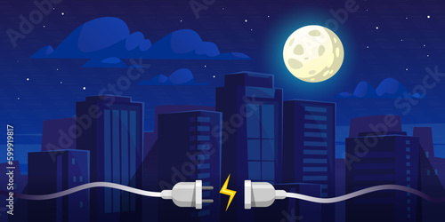 Blackout vector illustration. A city in the dark during an outage. Power cut symbols: a plug, cable, outlet and lightning bolt. A background concept of urban life without electricity at night.