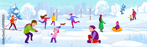 People are having fun in a winter park with snow. Christmas season activities of children with parents: sledding, skiing, making a snowman, skating, walking. Cartoon style vector illustration