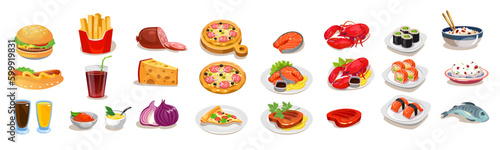 Fast food icons set. Cartoon style vector food items: a hamburger, pizza, sushi, lobster, steak, and french fries, isolated on white background. Perfect for a restaurant menu, cafe or game design.