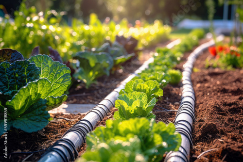 drip irrigation system snaking through a vegetable garden, Generative AI