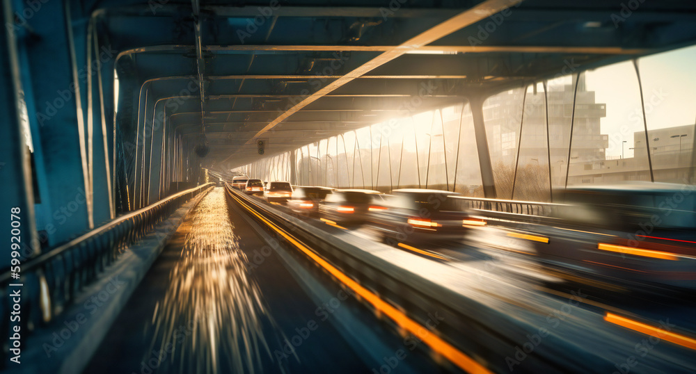 blurry image of traffic traveling by on an overhanging bridge