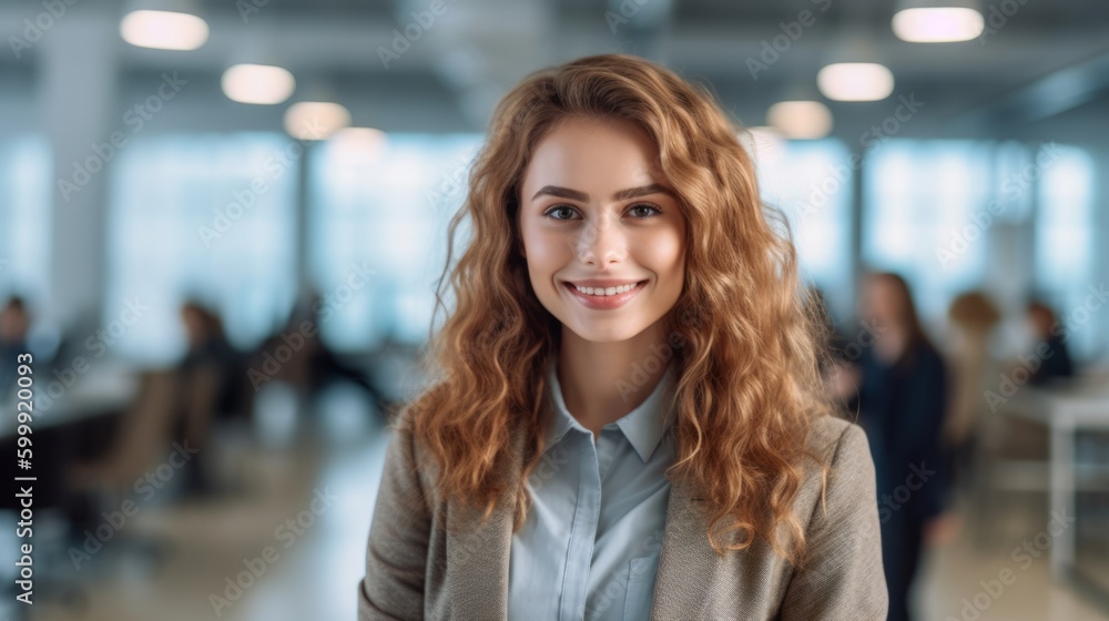 A confident brunette businesswoman stands tall in her office, radiating an air of professionalism and determination.. Generative AI. A confident brunette businesswoman stands tall in her office, radiating an air of professionalism and determination.. Generative AI.