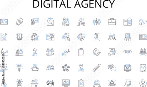Digital Agency line icons collection. Sightseeing, Adventure, Culture, Hospitality, Landmarks, Relaxation, Activities vector and linear illustration. Nature,Cuisine,Beaches outline signs set