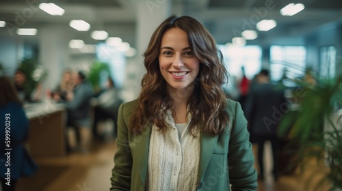 A confident brunette businesswoman stands tall in her office, radiating an air of professionalism and determination.. Generative AI.