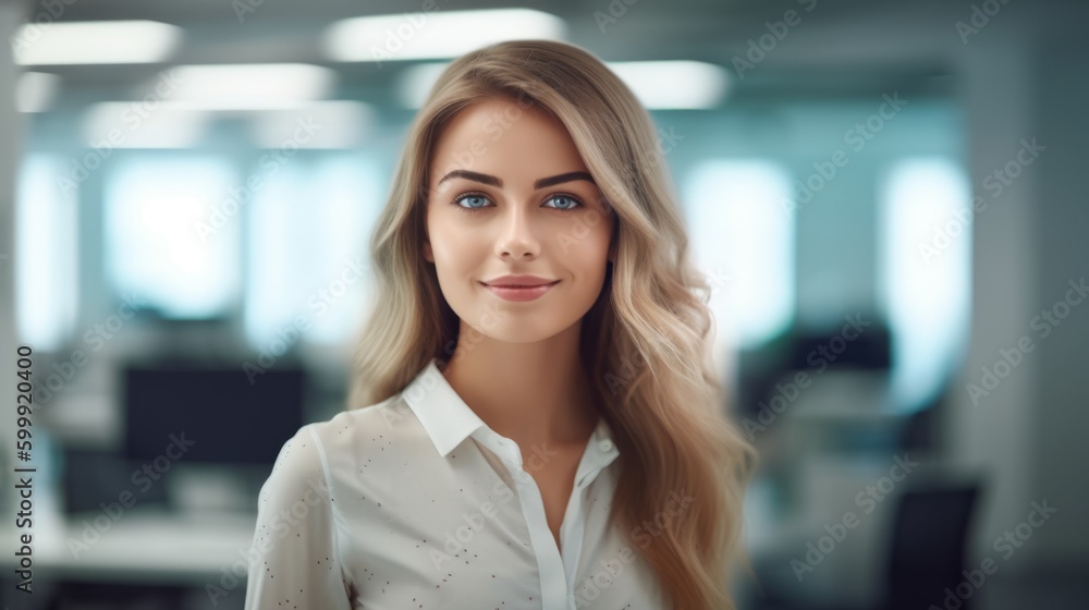 A confident blond businesswoman stands tall in her office, radiating an air of professionalism and determination.. Generative AI.