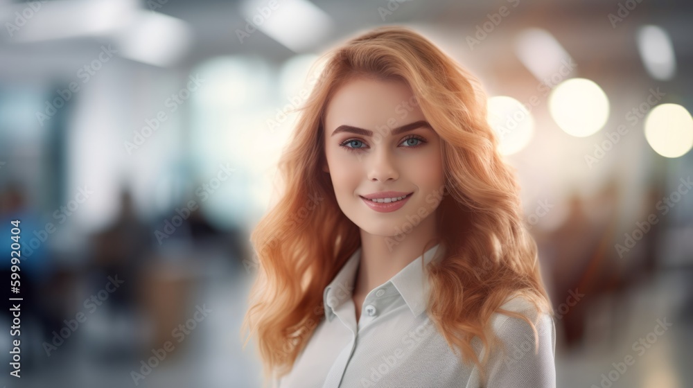 A confident blond businesswoman stands tall in her office, radiating an air of professionalism and determination.. Generative AI. A confident blond businesswoman stands tall in her office, radiating an air of professionalism and determination.. Generative AI.