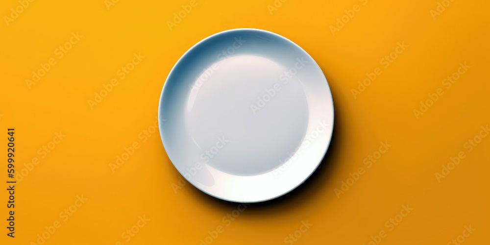 pefect empty plate on flat yellow background, Generative AI pefect empty plate on flat yellow background, Generative AI