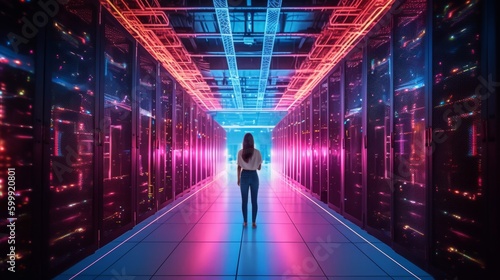 A woman stands in the hallway of a futuristic data center, overseeing the advanced technology that powers our digital world. Generative AI. © JuhaT