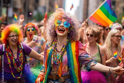 A smiling girl in sunglasses with a pride flag celebrating pride month on colorful background generated ai