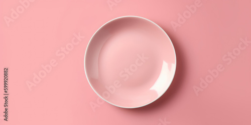 pefect empty plate on flat pink background, Generative AI