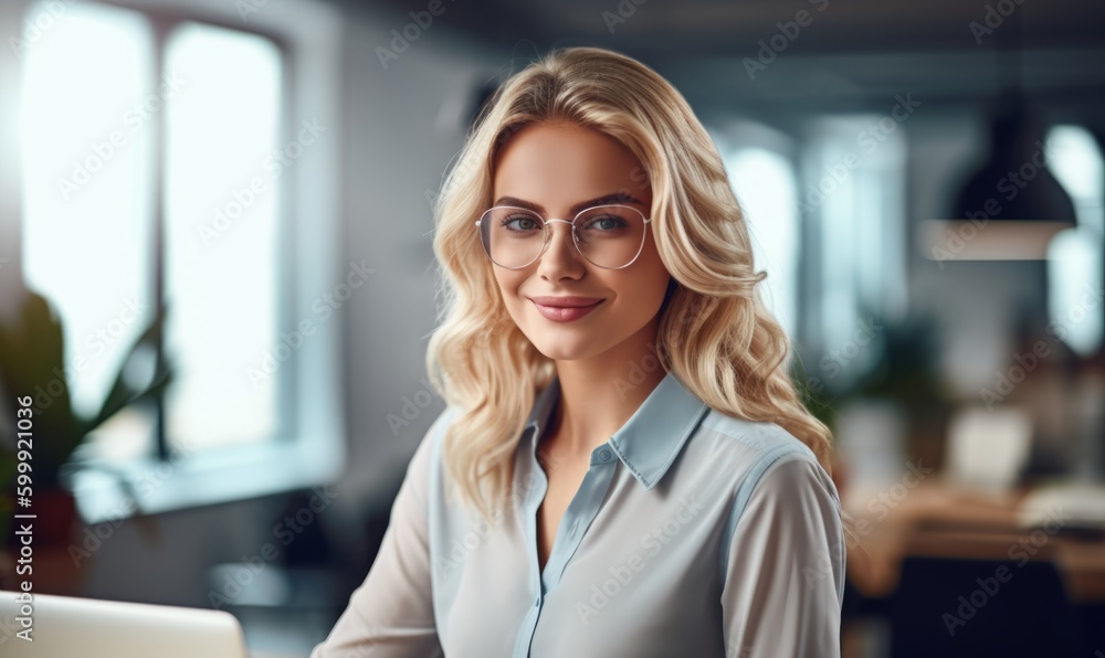 Fototapeta premium A blond businesswoman in casual attire works diligently at her office desk, focused on her tasks. Generative AI.