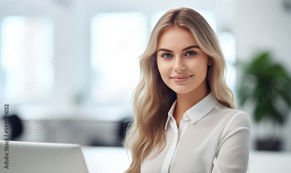 A blond businesswoman in casual attire works diligently at her office desk, focused on her tasks. Generative AI. A blond businesswoman in casual attire works diligently at her office desk, focused on her tasks. Generative AI.