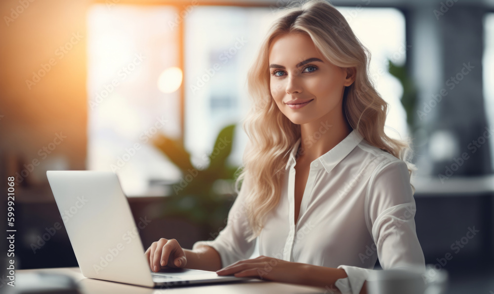 A blond businesswoman in casual attire works diligently at her office desk, focused on her tasks. Generative AI. A blond businesswoman in casual attire works diligently at her office desk, focused on her tasks. Generative AI.