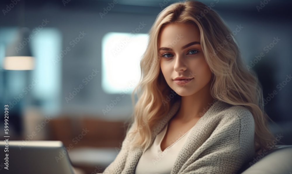 A blond woman relaxes on a cozy sofa at home, engrossed in reading content on her tablet. Generative AI. A blond woman relaxes on a cozy sofa at home, engrossed in reading content on her tablet. Generative AI.