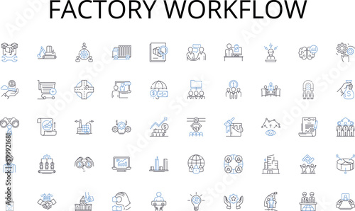 Factory workflow line icons collection. Internet, Virtual, Nerk, Digital, Online, Web, Global vector and linear illustration. Connect,Data,Cybersecurity outline signs set