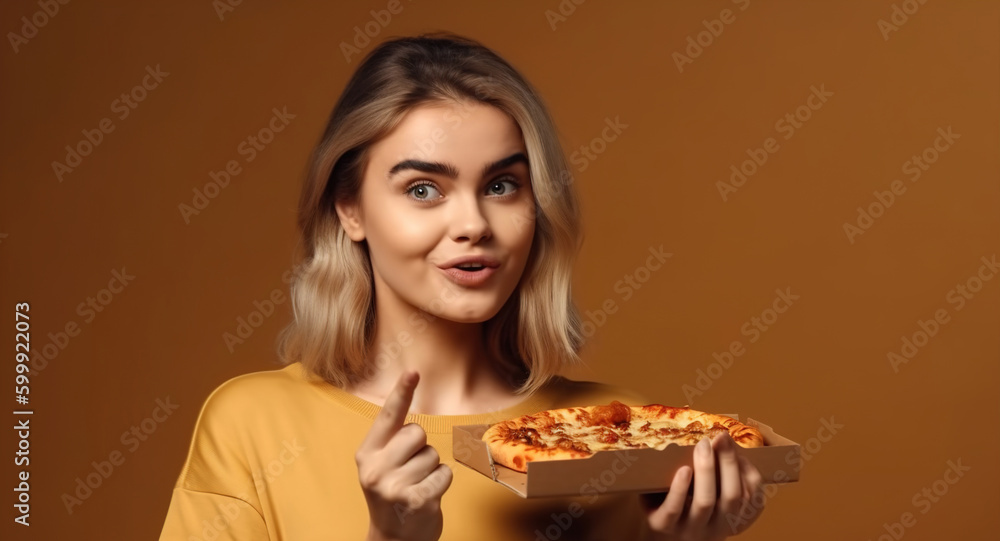 Happy woman enjoying a delicious Italian pizza, dressed in casual shirt, isolated over orange background. Lunchtime concept. Hungry girl. Generative AI