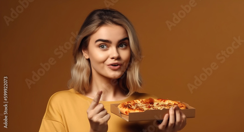 Happy woman enjoying a delicious Italian pizza, dressed in casual shirt, isolated over orange background. Lunchtime concept. Hungry girl. Generative AI