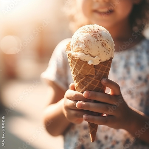 Generative AI - A child is holding a waffle cone with ice cream 
