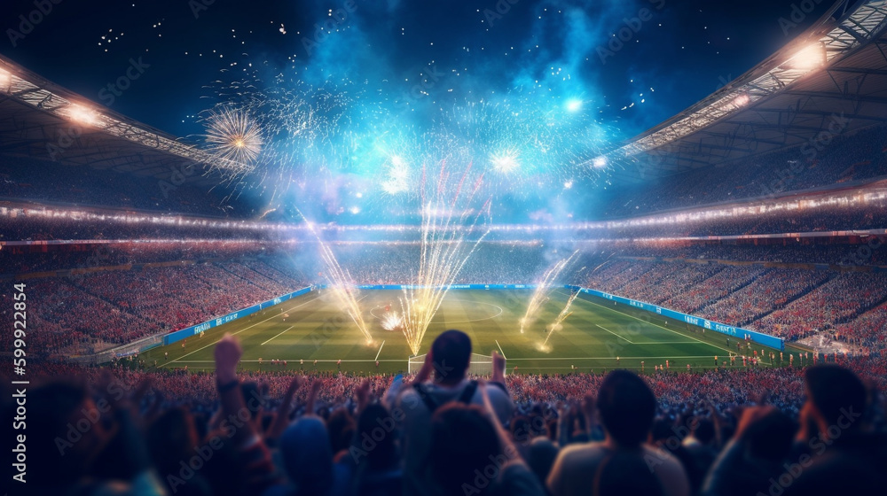 Fireworks display in a football stadium, full capacity soccer stadium with fireworks