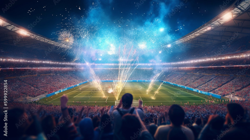 Fireworks display in a football stadium, full capacity soccer stadium with fireworks Fireworks display in a football stadium, full capacity soccer stadium with fireworks