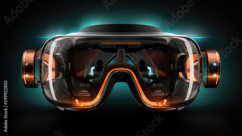 Transparent VR-AR goggles glowing neon on a black background by generative AI photo