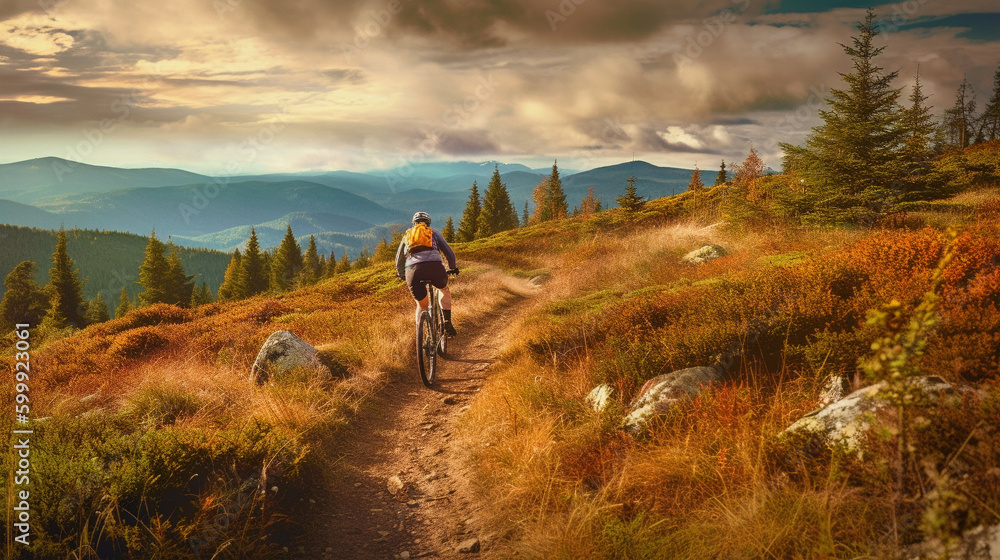 Fototapeta premium cyclist riding a bike across a country path in the mountains