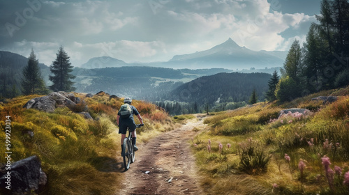 cyclist riding a bike across a country path in the mountains