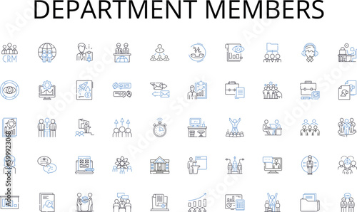 Department members line icons collection. Rejection, Prospects, Sales, Leads, Pitch, Telemarketing, Conversation vector and linear illustration. Follow-up,Confidence,Objections outline signs set