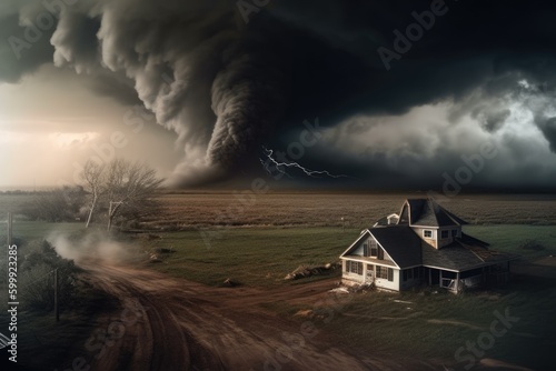 A large tornado hazard, a strong and dark storm that produces tornadoes across fields and roads. Dramatic Landscape Mixed Media Illustration