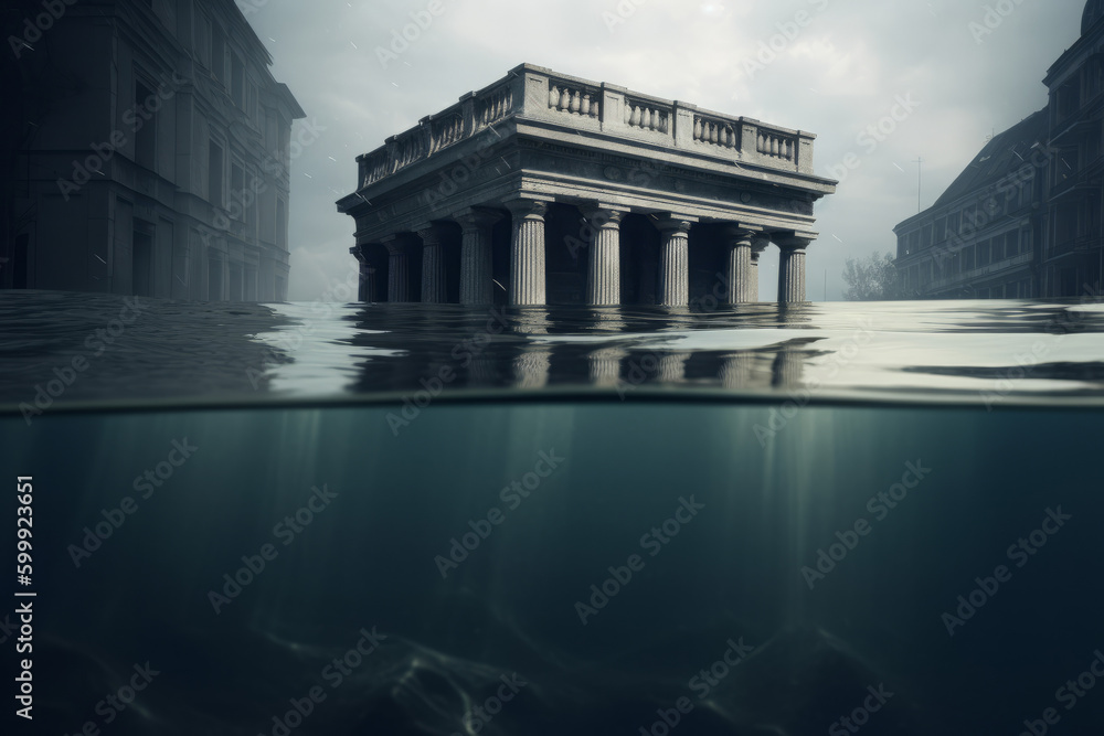 Economic crisis. A bank under water. banking crisis. Generative ai Economic crisis. A bank under water. banking crisis. Generative ai