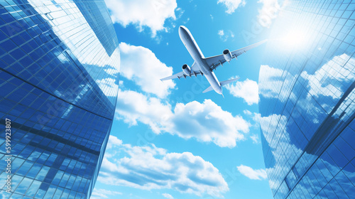 modern office buildings, tall office building with airplane in the sky