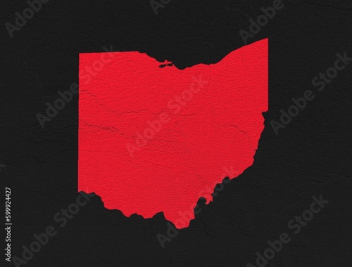 Ohio red map on isolated black textured background. High quality coloured map of Ohio, USA. photo