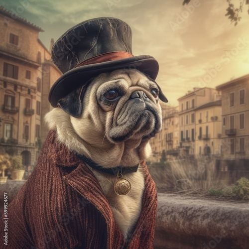 Majestic powerful pug dog dressed like an old man
