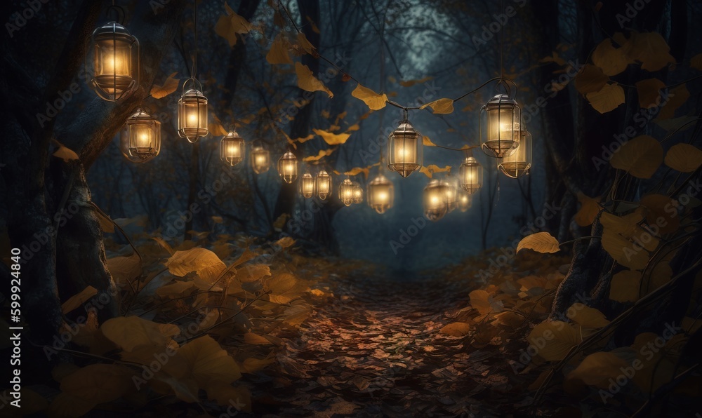  a path in a dark forest with lanterns hanging from the trees.  generative ai