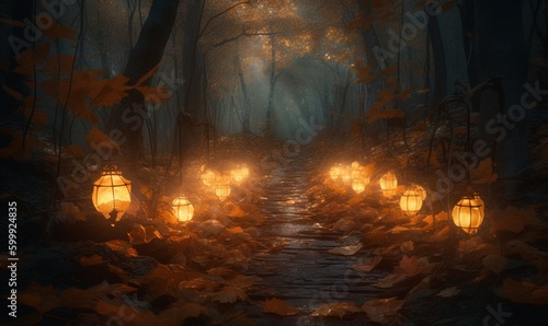  a path in the woods with lanterns lit up at night. generative ai