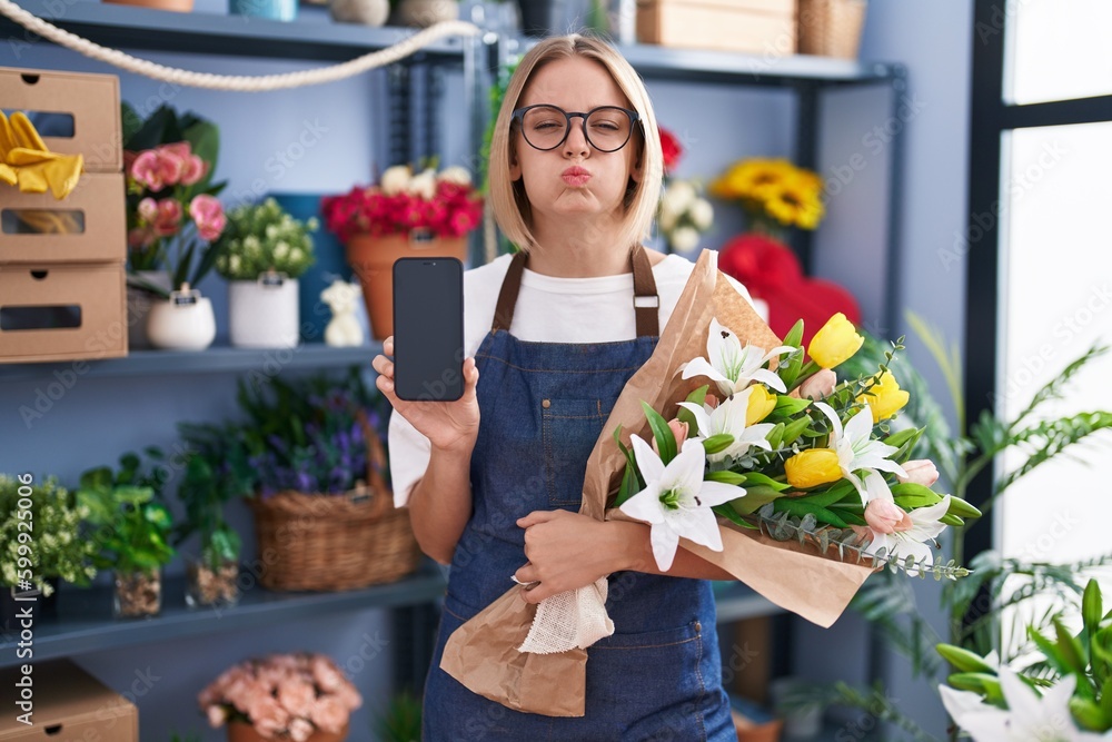 Young caucasian woman working at florist shop showing smartphone screen puffing cheeks with funny face. mouth inflated with air, catching air.