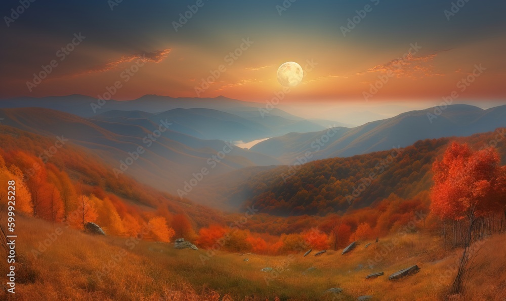  a painting of a mountain valley with a full moon in the distance.  generative ai