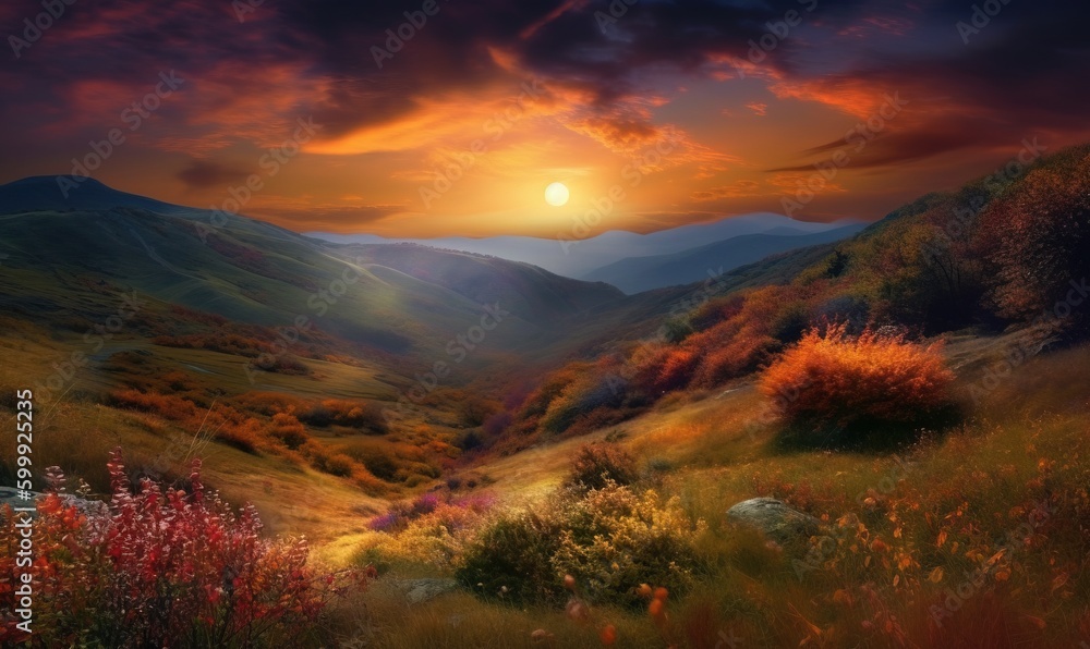  a painting of a beautiful sunset over a mountain valley with wildflowers.  generative ai